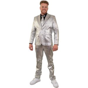 PartyXplosion - Glitter & Glamour Kostuum - Zilver Metallic Space Man 3-Delig Kostuum - Zilver - Maat 60 - Carnavalskleding - Verkleedkleding