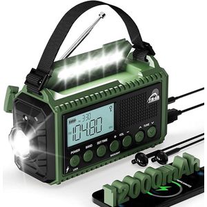 Noodradio Opwindbaar En Batterij - Radio Op Batterijen Voor Rampen - 7 In 1 Noodradio Solar Opwindbaar - Opwindbare Radio Met Zaklamp - Wereldontvanger Radio - Met Handslinger - Zonne-energie - AM/FM/SW - SOS-functie - Kompas - 12.000 mAh