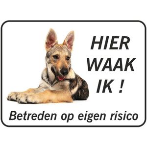 Hier waak ik bord Saarloos Wolfhond (20x15 cm) met dubbelzijdige tape