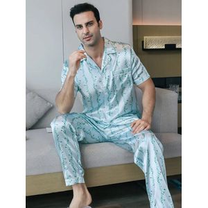 Pyjama set-Heren-Satijn-Blauw-Kwaliteit-Mooi-Goedkoop-Lange broek-Patroon-Korte mouw