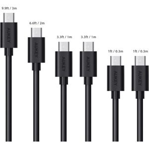 Aukey CB-D17 datakabel snellaadkabel 2.0/ 3.0 Micro USB kabel 6 stuk (1 x 3M, 1 x 2M, 2 x 1M, 2 x 0.3M) met Micro USB naar Type C / USB-C adapter (2 in 1) voor tablet, Samsung, Huawei, Xiaomi en meer