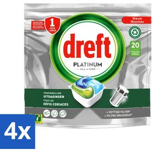 4 x Dreft - Platinum All In One - Vaatwascapsules - Gerecyclede Verpakking - 20 Capsules - Vaatwascapsules - Vaatwasser Capsules - Vaatwasmiddel - Hardnekkige Vlekken - Vaatwasser Reiniging