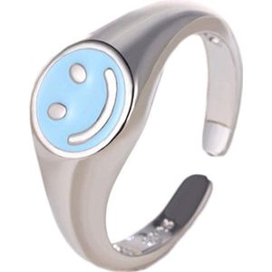 Smiley ring Zilver - Blauw - ring maat 17 - Ring Smile - Ring Emoji - Smileyring