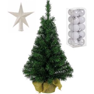 Volle kunst kerstboom 45 cm in jute zak met witte versiering 21-delig - Kerstdecoratie set