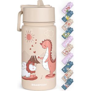 Drinkfles voor kinderen, roestvrij staal, met rietje, thermosfles 400 ml, BPA-vrij, lekvrij, voor peuters, meisjes en jongens, waterfles voor school, kleuterschool (beige, dinosaurus)