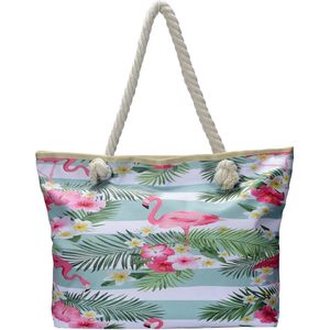 Grote shopper met flamingo's - Hawai look strandtas - Groen/wit - Katoenen handvaten - Schoudertas voor dames met ritssluiting