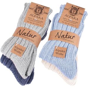 BRUBAKER - Wintersokken Set - Blauw Grijs Beige - 4 Paar Alpaca Sokken