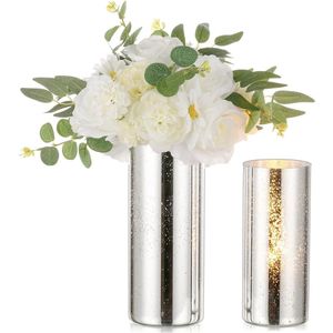 Zilveren glazen lantaarn, groot: set van 2 kandelaars, stompkaarsen, glazen lantaarns, glazen set, kwikvazen, decoratieve kaarsenhouder, glazen cilinder met voet voor conische kaarsen, drijvend
