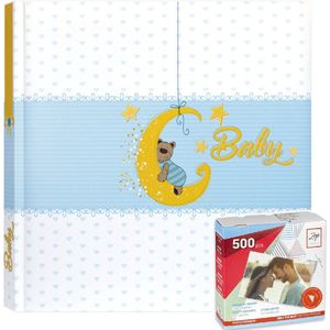 Fotoboek/fotoalbum Mia baby jongetje met 20 paginas blauw 24 x 24 x 2,5 cm inclusief 500 fotoplakkers/stickers