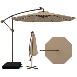 COSTWAY Tuinparasol met zandzakken, 300 cm parasol met 40 solar-LED-lampjes en zwengel, UV-bescherming, marktparasol, terrasparasol voor tuin, zwembad, terras