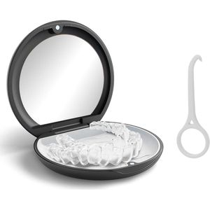 Retainer Case, Portable Denture Box with Mirror Empty Orthodontic Tooth Holder Box for Holders and Mouthguards with Alignment Tool (Black)
