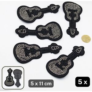 5 Stuks DELUXE GITAAR PATCHES/ETIKETTEN, om op te Naaien, Maat 5CM op 11CM, Kleur ZWART