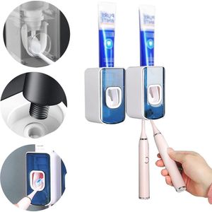 Tandenborstelhouder, tandpastadispenser, knijper, wandmontage, voor badkamer, met automatische tandpastaknijper en 2 tandenborstelhouders