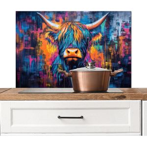 Spatscherm keuken 80x55 cm - Kookplaat achterwand Schotse Hooglander - Abstract - Kleurrijk - Muurbeschermer - Spatwand fornuis - Hoogwaardig aluminium