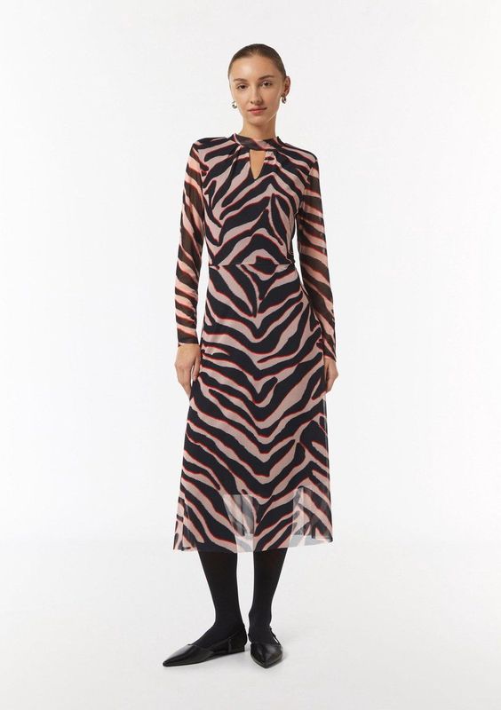 comma - Midi-jurk - Mesh - Met All-over Print - Lange Mouwen