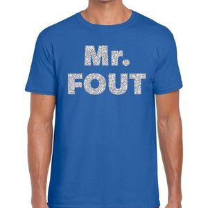 Mr. Fout zilveren glitter tekst t-shirt blauw heren - Foute party kleding M