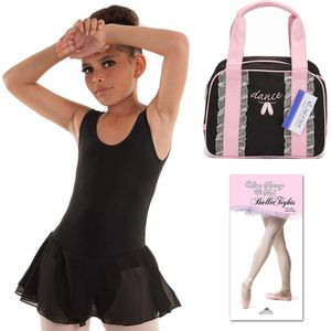 Dancer Dancewear® balletpak set | “Prima Donna” | Zwart | Balletpakje voor meisje met rokje | Balletpanty | Ballettas | Maat 14 jaar | Maat 146 / 152