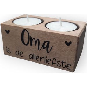 Waxinelichtje houder 2 kaarsen hout met tekst Oma is de allerliefste - Oma - Verjaardag - Geschenk - Cadeau