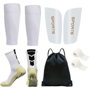 Gripsok set voetbal - sleeve - scheenbeschermers - tape - sokken- tas - voetbalsokken zonder voet - one size - 5-delig - wit