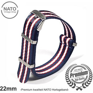 Stijlvolle 22mm Premium Nato Blauw Rood Wit Gestreept Horlogeband: Ontdek de Vintage James Bond Look! Perfect voor Mannen, uit onze Exclusieve Nato Strap Collectie!