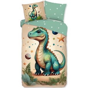 Warme flanel kids dekbedovertrek Dino - 140x200/220 (eenpersoons) - vrolijke uitstraling - heerlijk zacht en comfortabel - donsachtig laagje - ademend en huidvriendelijk - ideaal voor de kinderkamer