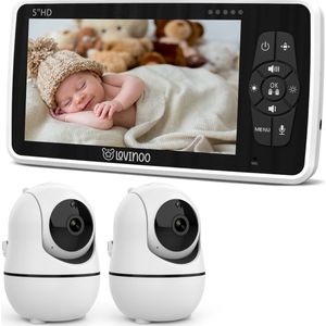 Lovinoo Babyfoon - Babyfoon met 2 Camera's – Baby Monitor - Hondencamera - Huisdiercamera - Op Afstand Bestuurbaar - Temperatuursensor - Uitbreidbaar Tot 4 Camera's - Terugspreekfunctie - Video & Audio – Baby Camera - 5.0 Inch Scherm