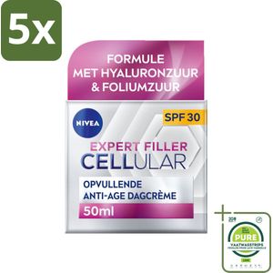 5 x NIVEA - CELLular Expert Filler Dagcrème - Anti-Veroudering Gezichtscrème - SPF 30 - Met Hyaluronzuur, Creatine & Foliumzuur - 50 ml - Grootverpakking - Anti-rimpel Crème - Dagcrème - Anti-aging - Hyaluronzuur - Creatine