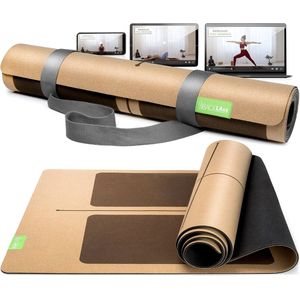 Yogamat, kurk met natuurlijk rubber, FAZ testwinnaar 03/2024, duurzaam, vrij van schadelijke stoffen, yogamat, antislip, fitnessmat met antislipzones incl. draagriem, turnmat