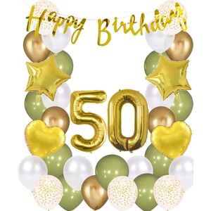 Snoes Ballonnen 50 Jaar Wit Olijf Groen Goud Mega Ballon - Compleet Feestpakket 50 Jaar - Verjaardag Versiering Slinger Happy Birthday – Folieballon – Latex Ballonnen - Helium Ballonnen - Olive Green Verjaardag Decoratie