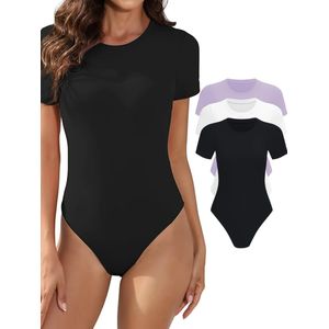 Bovista Bodysuit Dames - Jumpsuit - Corrigerend Ondergoed - Body plunge - Lingerie - Setje Vrouwen - 3 Pcs - Zwart/Wit/Lichtpaars - Maat XL