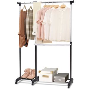 COSTWAY Kledingrek, uittrekbaar, in hoogte verstelbare garderobewagen, kledingstang met 2 enkele stangen, kledingwagen, mobiele kledingkast op wielen, stabiele kapstok, (91-160) x 43 x (93-168) cm