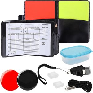 Referee Set with PVC Red Yellow Card, Flute, Key Strap, Short Keychain, and Scorebooks for Football Game.