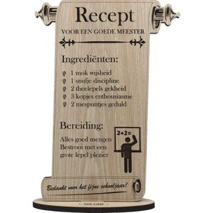 RECEPT MEESTER - Recept voor een goede meester - houten wenskaart - kaart om de leerkracht te bedanken - gepersonaliseerd