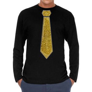 Bellatio Decorations Verkleed shirt heren - stropdas glitter goud - zwart - carnaval - longsleeve S