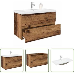 The Living Store Wastafelkast met ingebouwde wasbak en kraan oud houtkleurig - Wastafelkast - Badkamerspiegel - Badkamerinrichting - Houten Kast - Vintage Wastafel