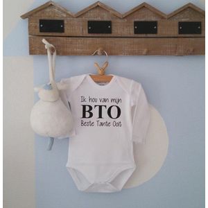 Baby Rompertje met tekst | Ik hou van mijn BTO Beste Tante Ooit ! | lange mouw | wit met zwart | maat 74/80 | I love liefste cadeautje verjaardag