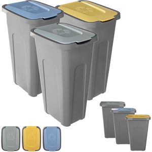 KADAX Vuilnisemmerset voor afvalscheiding, 3 x 30 liter, afvalemmerset voor afvalscheidingssysteem, afvalsorteerder, kunststof met klapdeksel (geel, groen, blauw)