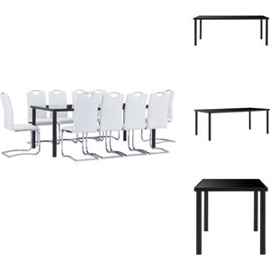 vidaXL Eettafelset Zwart - Gehard glas en metaal - 200x100x75 cm - 10x eetstoel - Wit kunstleer - 42x52x100 cm - Met handvat - Set tafel en stoelen