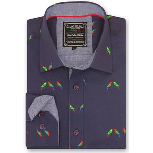 Heren Overhemd - Slim Fit - Parakeet Lovers - Blauw - Maat M