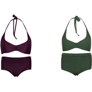 Set van 2 bikini hipster broekje en haltertopje Aubergine / Groen 140-146