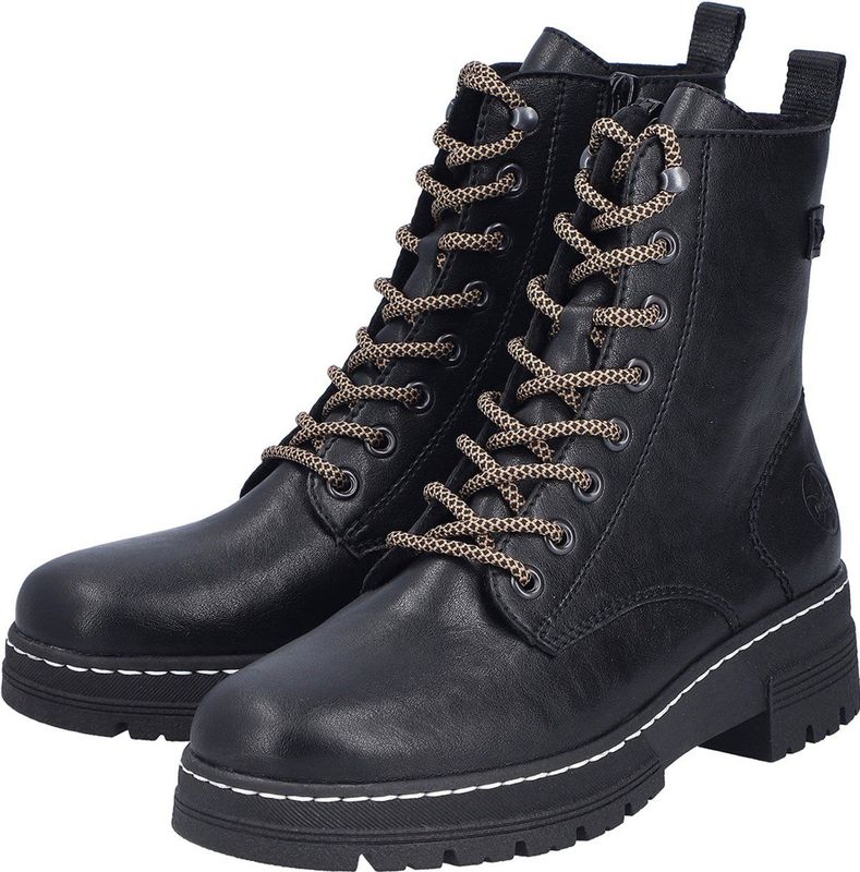 Rieker - Veterlaarsjes - Zwart - Imitatieleder - Platte Hak