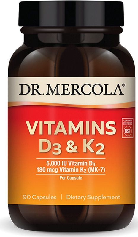 Dr Mercola - Vitamine D3 & K2 - 90 Capsules - 5000 IE Vitamine D3 - 180 mcg Vitamine K2