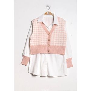 Blouse- blouse met gilet- dames blouse- witte blouse- blouse set- gilet set- wollen gilet met blouse- roze- one size- roze dames gilet met blouse