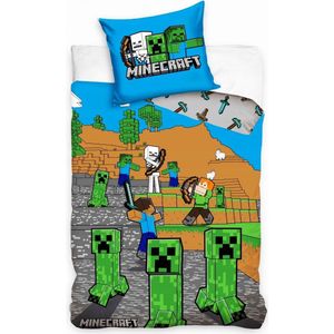 1-persoons kinder dekbedovertrek (dekbed hoes) “minecraft” met groene zombies, creepers en andere figuren van game / computerspel Minecraft (Playstation) KATOEN eenpersoons 140 x 200 cm (game slaapkamer tieners)