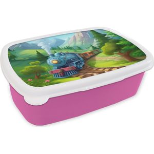 Broodtrommel Roze - Lunchbox Trein - Bloemen - Kinderen - Natuur - Brooddoos 18x12x6 cm - Brood lunch box - Broodtrommels voor kinderen en volwassenen