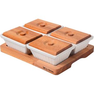 Joy Kitchen tapasplank met vier tapas schaaltjes | borrelplank | serveerplank | borrelpakket | borrelplank hout | cadeau borrel pakket | porseleinen schaaltjes | houten dienblad | etagere met bakjes | houten deksel | tapas schaaltjes