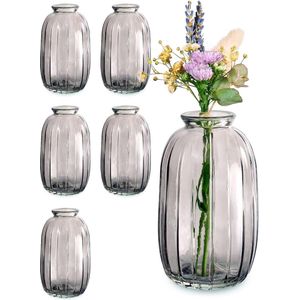 Kleine glazen vazen - set van 6 - vintage stijl - ronde & stabiele bloemenvazen - vaatwasmachinebestendig - perfect voor bruiloft tafeldecoratie (grijs)