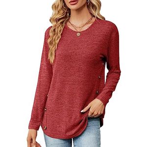 Effen dames t-shirt lange mouwen met ronde hals en knoopdetail casual tuniek S-XXL