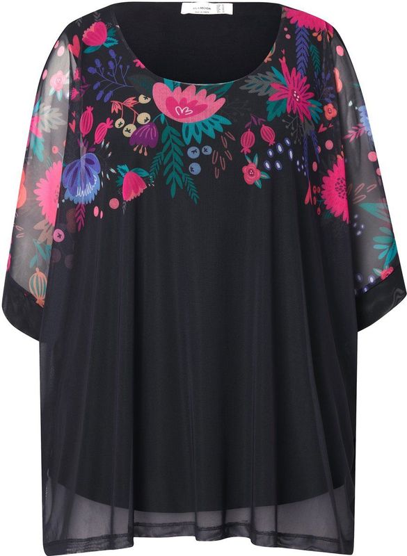 MIAMODA - Dames - Blouse oversized bloemenrand ondoorzichtige top - Zwart - Maat 42+