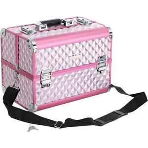 Cosmeticakoffer make-up koffer make-up opslag beauty case make-up doos multikoffer etagekoffer met diamantpatroon zilver roze 36 x 28 x 23 , HMTM-BC 30026-PINK